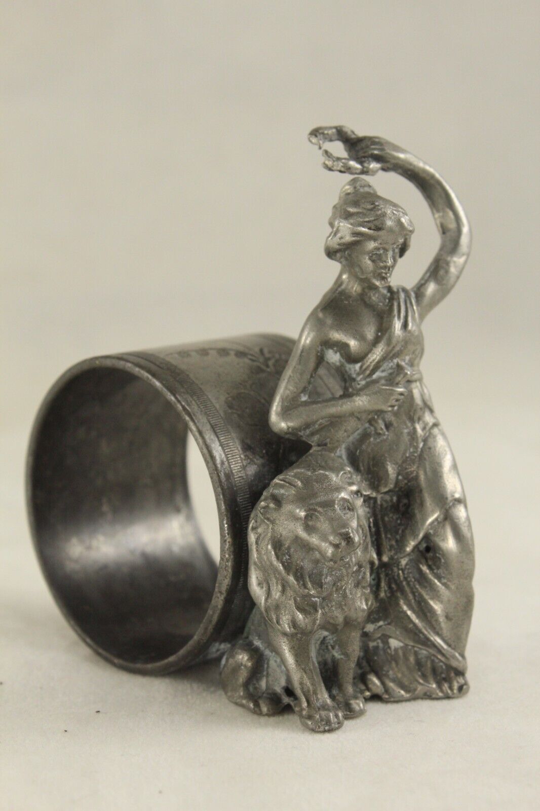 Vintage Metal Pewter Figural Napkin Ring - Britannia W Sword & Lion