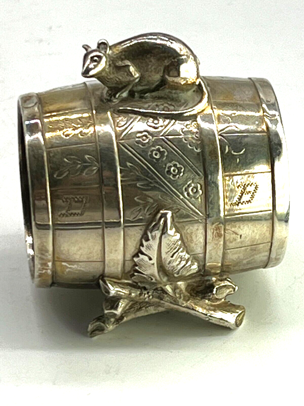 Antique Victorian Rare Mouse On Barrel  Figural  Napkin Ring